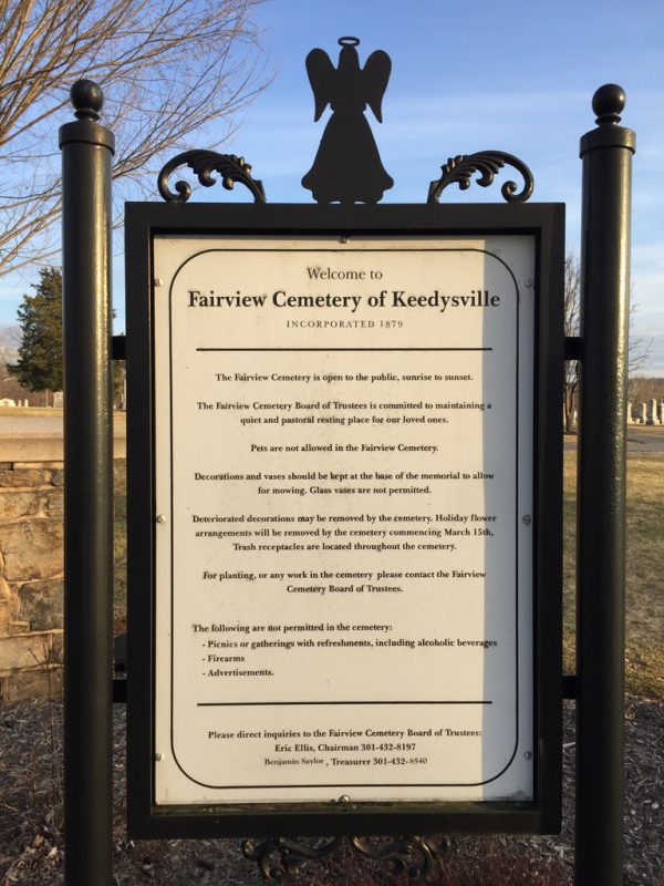 Welcome sign at Fairview Cemetery of Keedysville