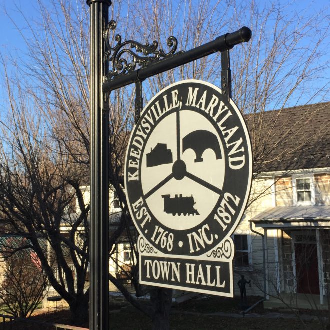 Exterior Town Hall sign with Keedysville Maryland Logo.